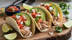 A vibrant, overhead shot of three golden tortillas filled with shredded rotisserie chicken, topped with fresh pico de gallo, avocado slices, crumbled cotija cheese, and cilantro. Place the tacos on a rustic wooden board with lime wedges, a small bowl of salsa, and a few sprigs of cilantro scattered around. Use natural lighting to highlight the textures and colors.