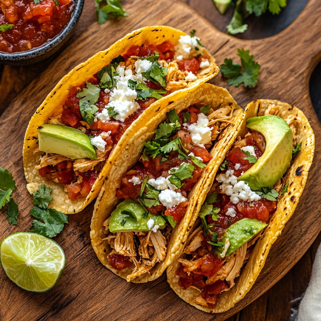 Golden tacos filled with shredded rotisserie chicken, fresh salsa, avocado, and cheese on a rustic wooden board, ready for a quick 10-minute dinner.