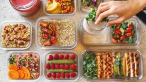 A meal prep setup with healthy, colorful food containers filled with vegetables, grains, and proteins1.