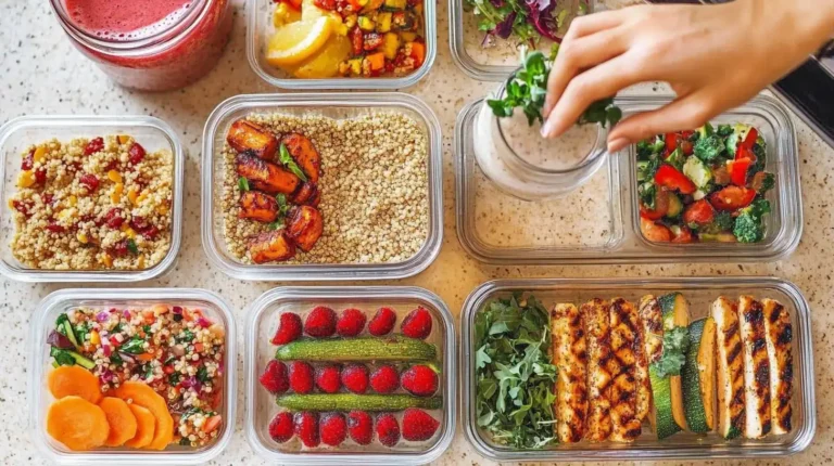 A meal prep setup with healthy, colorful food containers filled with vegetables, grains, and proteins1.