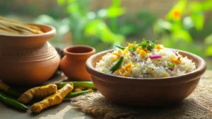 Traditional Panta Bhat served with fried fish and chil