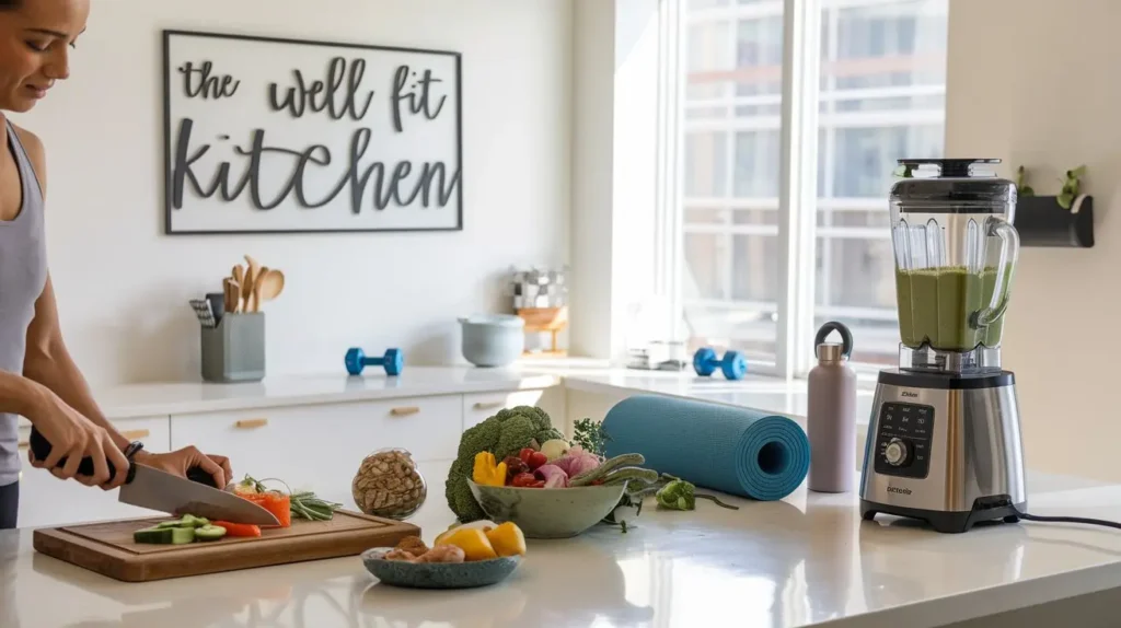 A bright, modern kitchen flooded with natural light from a large window, showcasing sleek countertops and minimalist décor. The wall features the title "The Well Fit Kitchen" in an elegant, modern font. In the foreground, two diverse individuals are engaged in healthy cooking—one is chopping fresh vegetables on a rustic wooden cutting board, while the other blends a vibrant green smoothie in a high-quality blender. Nearby, a bowl of colorful, nutrient-packed food, neatly arranged affordable kitchen gadgets, and a casually rolled yoga mat hint at wellness. In the background, a pair of dumbbells and a water bottle subtly incorporate fitness elements, merging healthy cooking with simple home workouts in a warm, inviting scene.