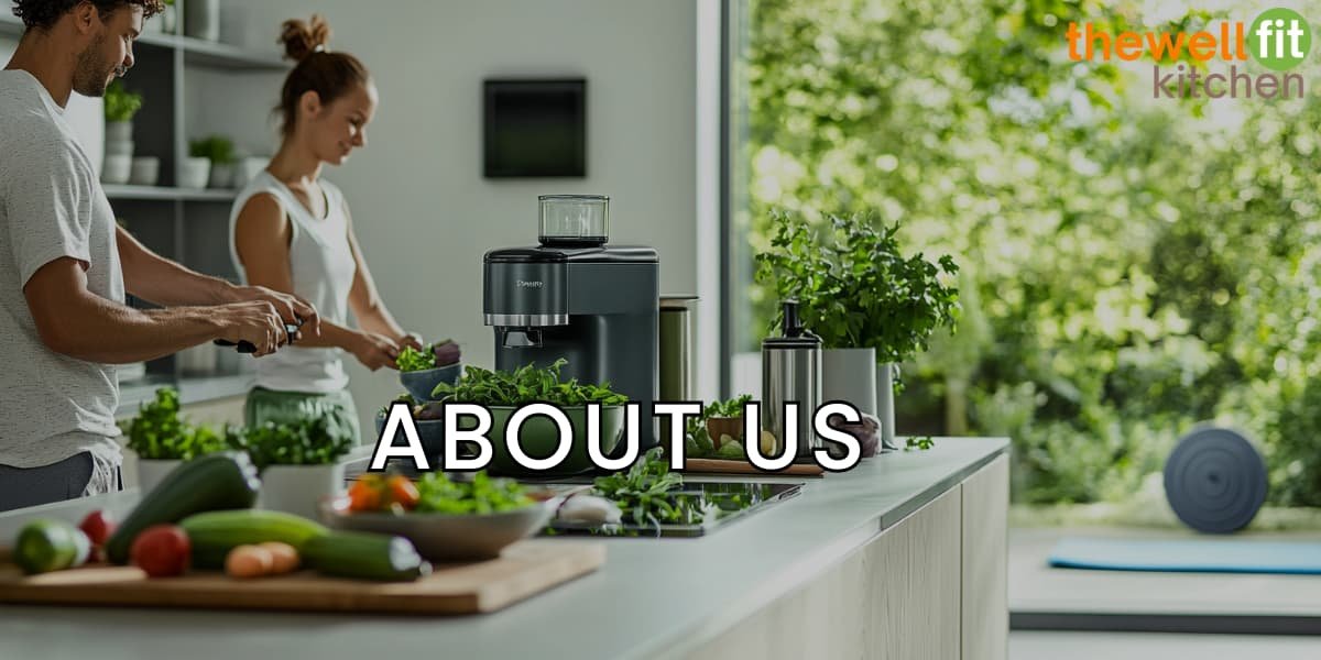 A bright, modern kitchen filled with natural light and minimalist décor. In the foreground, two diverse individuals are engaged in healthy activities—one is chopping fresh vegetables on a wooden cutting board, while the other is blending a vibrant green smoothie. The elegant title "The Well Fit Kitchen" is prominently displayed on a wall or decorative sign. The scene also features wellness elements including a bowl of colorful, nutrient-packed food, sleek kitchen gadgets, a casually rolled yoga mat, dumbbells, and a water bottle, all blending the themes of healthy cooking and simple home workouts.