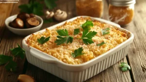 Creamy low-carb cauliflower bake in a baking dish, topped with parsley and vegan parmesan, perfect for vegan comfort food recipes.