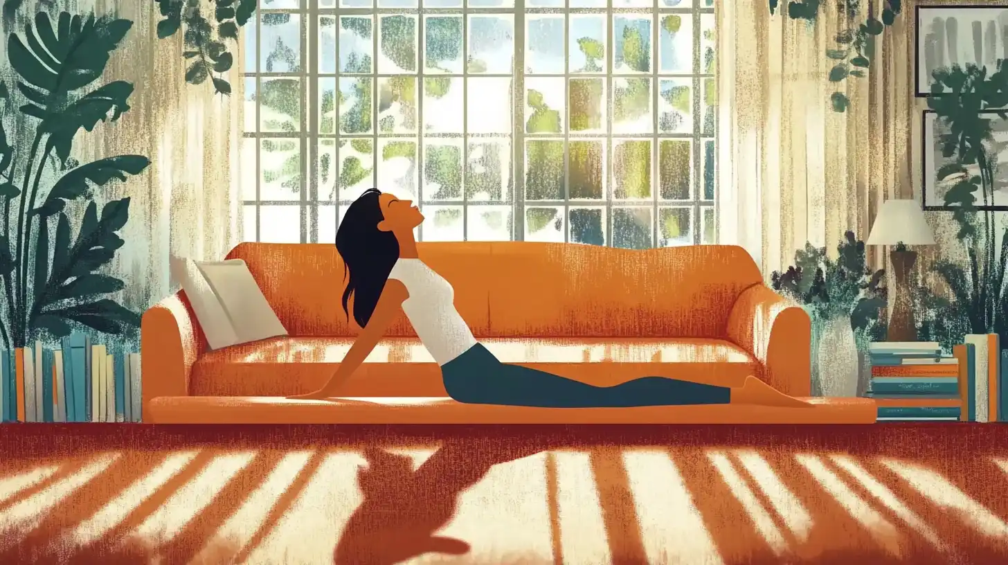 a stylized person in a living room doing a morning stretch in front of a morning background